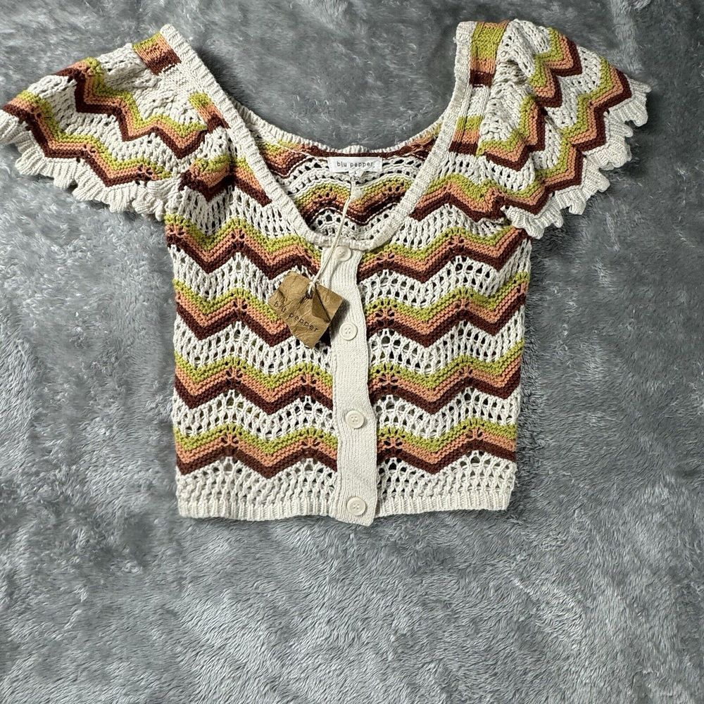 Blu Pepper Crochet Top Juniors Large Cropped Multicolor y2k Baby Doll Knit Shirt